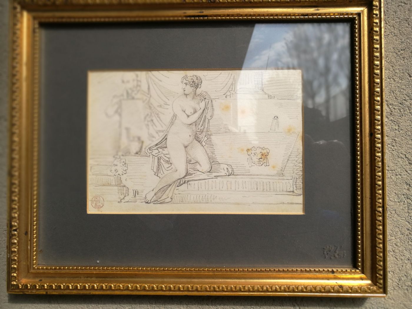 Disegno a matita raffigurante Susanna e i vecchioni Timbro di pregiata collezione cm. 16 x 11